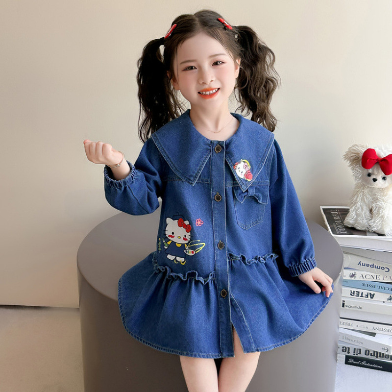 Girls' Doll Collar Denim Dress, Long Sleeve, Cartoon Embroidery, Stylish and Fashionable Spring Dress, Versatile Skirt