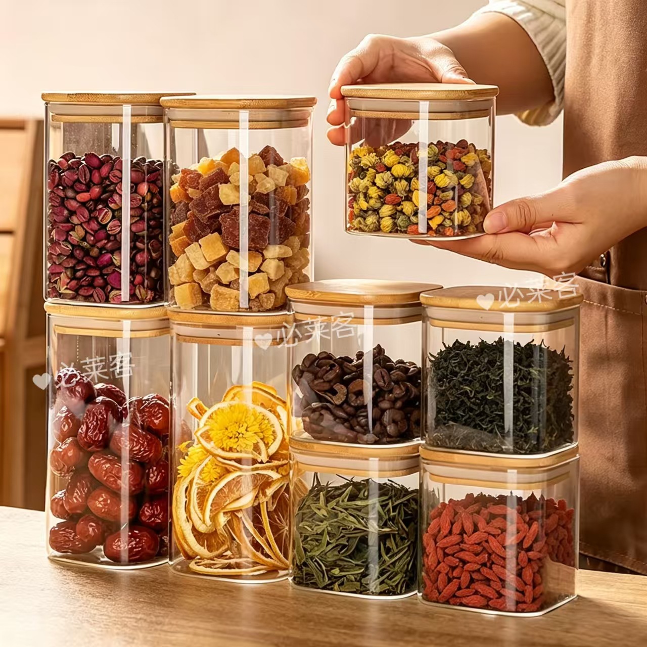 Square glass sealed jar, food-grade storage jar for coffee beans, dried fruits, and spices, moisture-proof storage jar, transparent glass jar