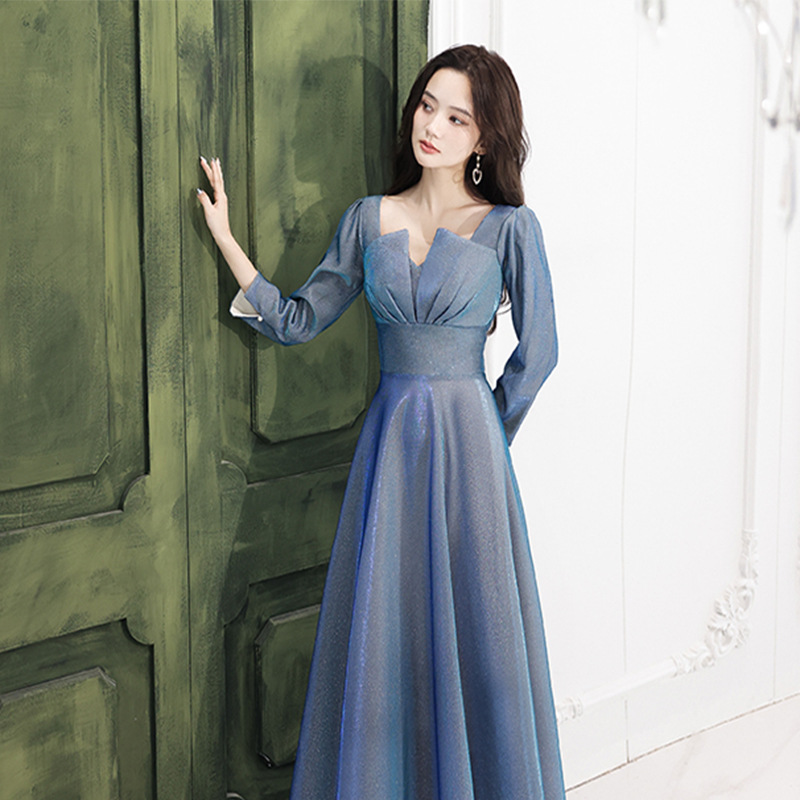 Evening dress women's banquet elegant light luxury niche light luxury sense long sleeve French dinner Blue host