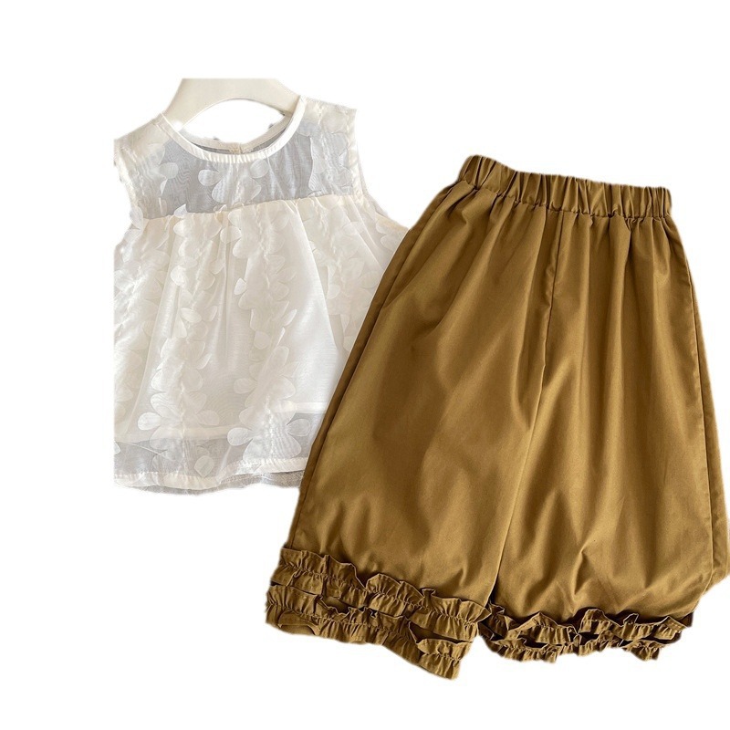 여름 2025 소녀의 입체 꽃잎 민소매 인형 셔츠 세트 달콤한 외국 스타일 공주 조끼 바지 투피스 세트