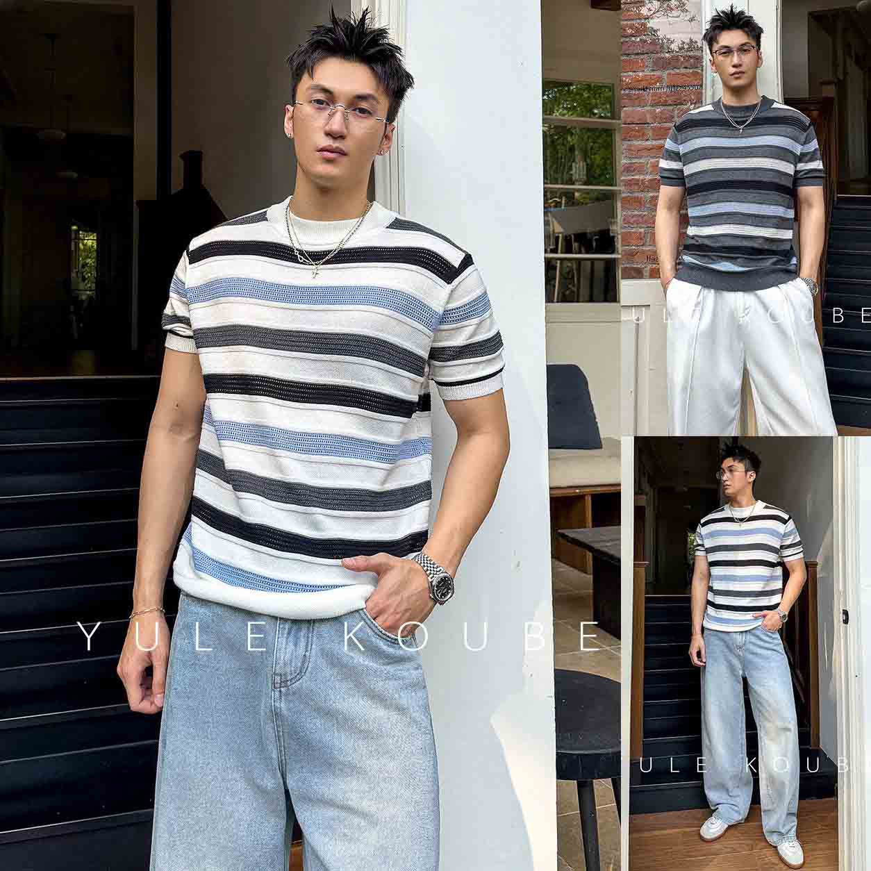 Camiseta de punto de manga corta camiseta de hueso de pescado hombre textural hueco viejo viento de negocios hielo verano fábrica transfronteriza al por mayor