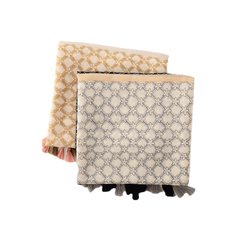 Nuevo artístico versátil geométrico estrella de cinco puntas impreso borla larga bufanda grande algodón y lino sensación bufanda protector solar chal