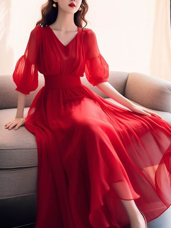 Summer Dress 2024 New Elegant Red V Neck Chiffon Puff Sleeve Beach Dress Maxi Skirt Long