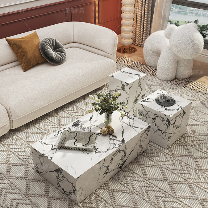 Mesa de centro de losa de roca de alta calidad de lujo ligero francés, puerta de entrada, sala de estar, hogar, apartamento pequeño, mesa de centro rectangular, combinación de mesa lateral