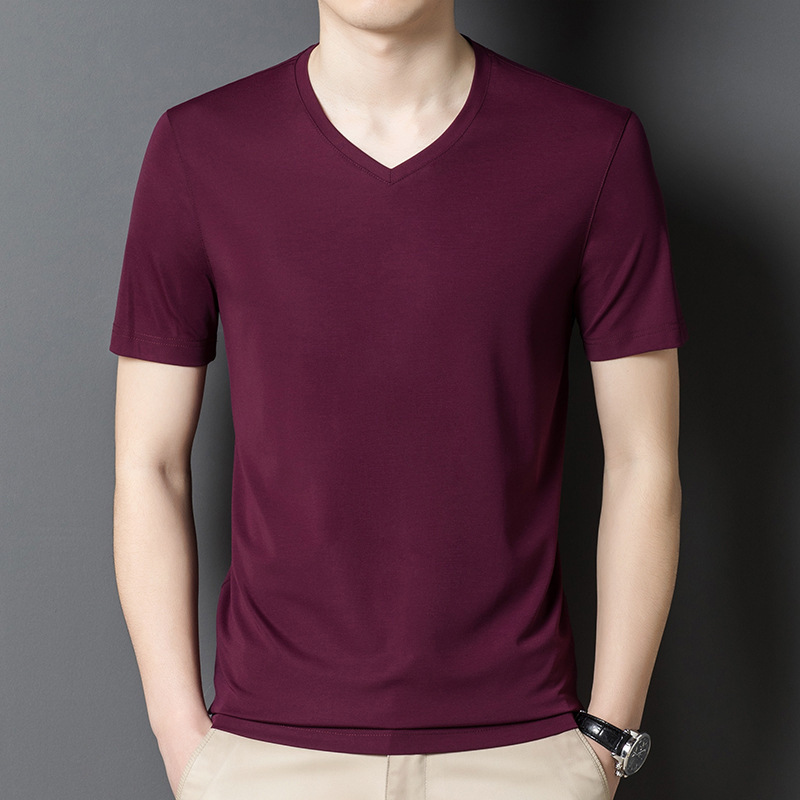 Mulberry Silk Short-Sleeved T-Shirt Men's V Neck Summer Pure Color High-Quality Bottoming Shirt Men's Business Casual Fashion Half-Sleeve