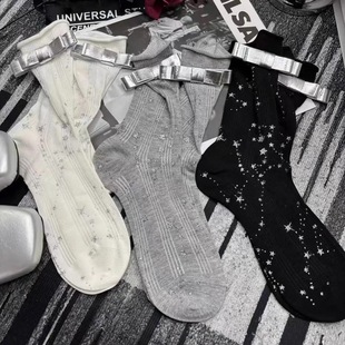 European-Style Heavy-Duty Fashionable Thin Socks with Rolled Edges, Leather Label, Bow, Silver Glitter, Small Stars, Outerwear Slouch Socks for Women