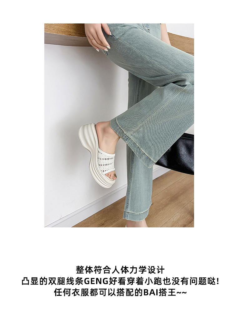 Dép sandal nữ đan mùa hè đế dày bánh mì hở ngón chân quai ngang tăng chiều cao — Màu đen, Màu trắng be chi tiết 2