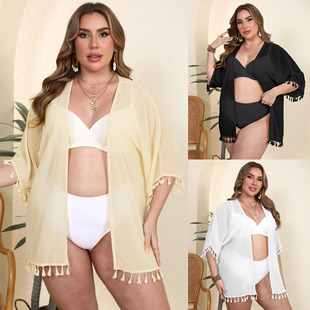Women's Chiffon Shirt plus size Women's Solid Color Tassel Stitching Casual Beach Bikini Sunscreen Jacket Blouse