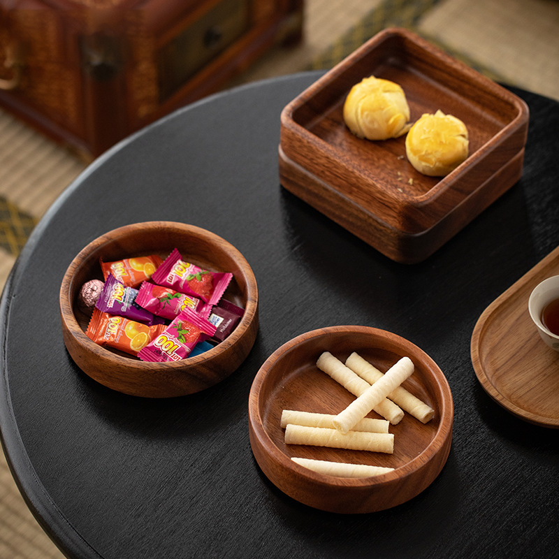 Bandeja de madera de nogal sudamericana, bandeja redonda de dim sum de madera maciza, vajilla japonesa creativa, bandeja de madera de postre apilable