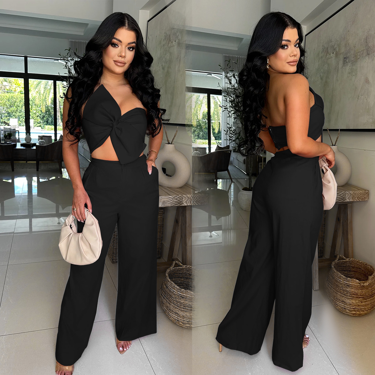 C7375 Cross-border AliExpress Amazon Moda europea y americana Pantalones casuales de lazo sexy de dos piezas Nuevo