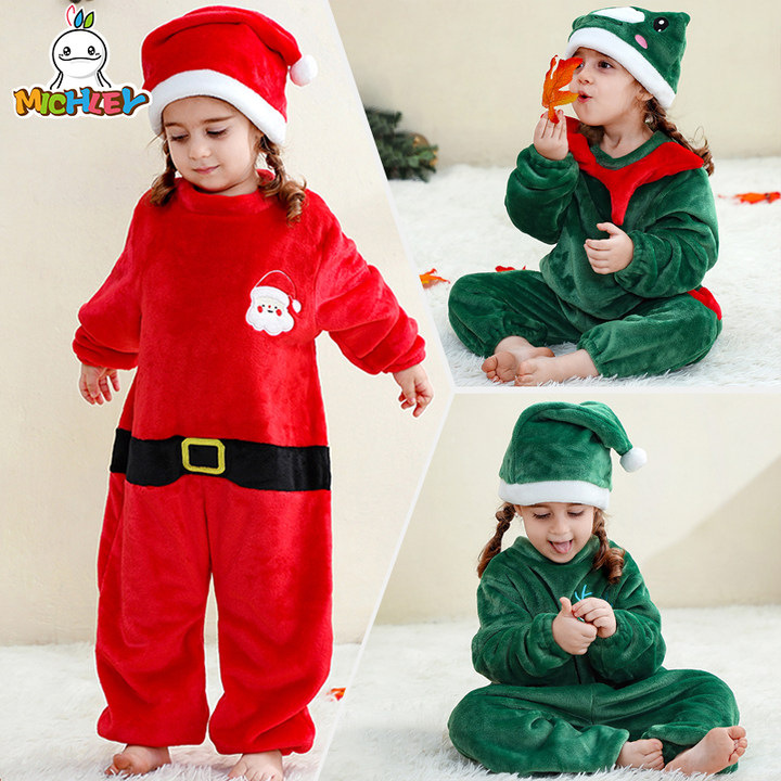萌奇力新款儿童法兰绒睡衣婴幼童分帽爬服跨境儿童圣诞节套装