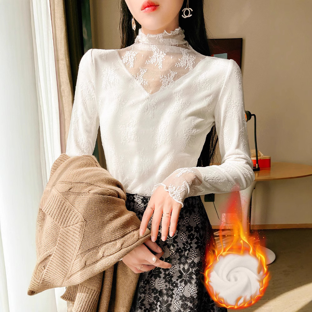 高领加绒蕾丝打底衫女秋冬款洋气加厚内搭木耳边纱衣性感网纱上衣