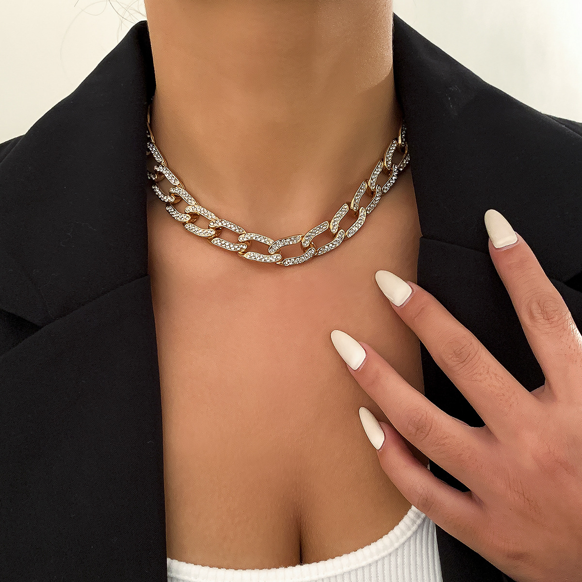 Cuban Link Necklace With Micro Inlaid Diamonds Minimalist Style_voghion.com