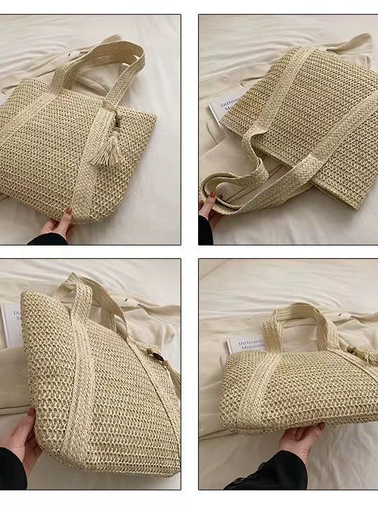 Summer straw capacious woven beach shoulder bag