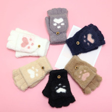 冬季手套男学生翻盖保暖骑行女半指防风防寒猫爪爱心针织毛线批发