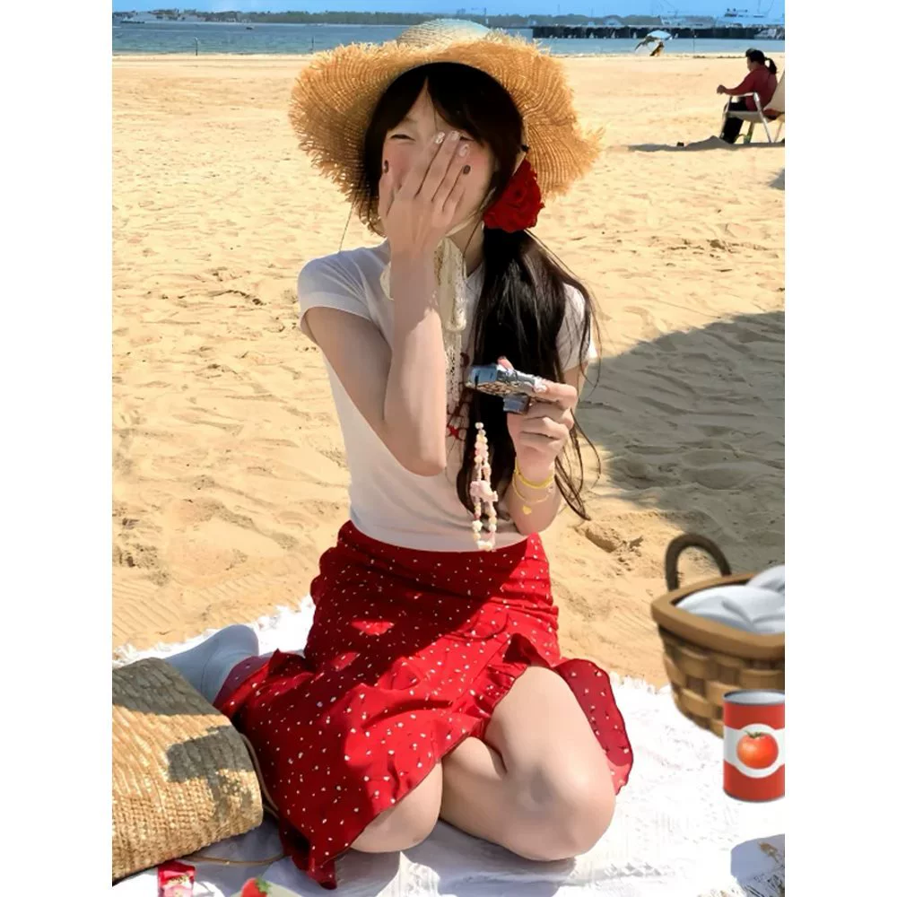 Fitted red summer long skirt, floral print, high waist