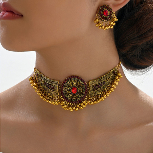 European and American new retro all-match wings drop beads exaggerated bohemian style fashion neck necklace earrings women's set