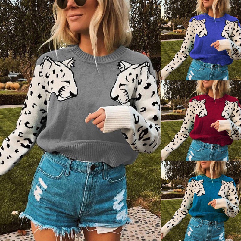Amazon AliExpress Autumn and Winter Cross-border Women's Leopard Pattern Knitted Long-sleeved Pullover Top Sweater