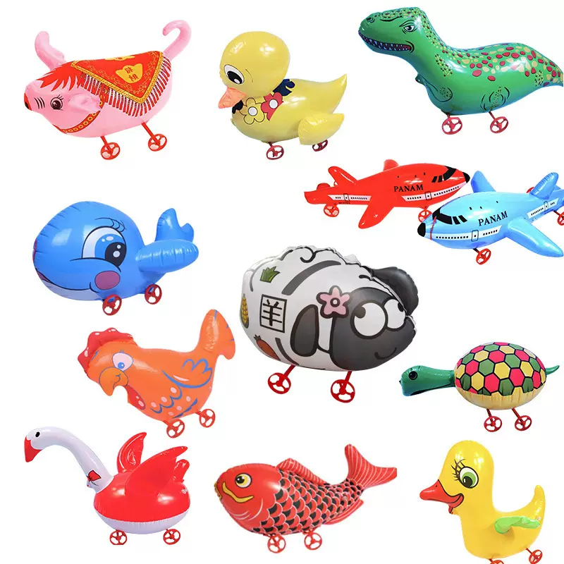 新款儿童拉绳气球玩具带轮子卡通拉线充气载物动物小拉车