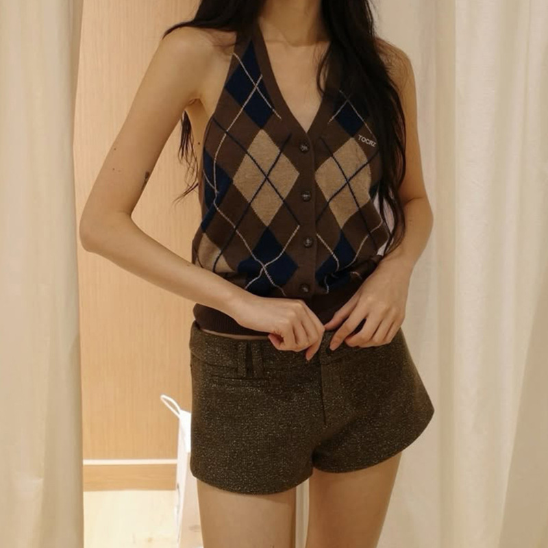 美式复古菱格毛织挂脖露背辣妹背心V领修身纽扣设计无袖毛衣马甲|undefined