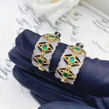 意大利复古双色金威尼斯的泪绿钻耳钉中古祖母绿星月之眼戒指套装