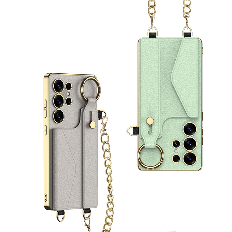 Suitable for Samsung S25Ultra Phone Case Electroplated Leather Wristband Card Case Mobile Phone Case S25 Anti-Lost Lanyard