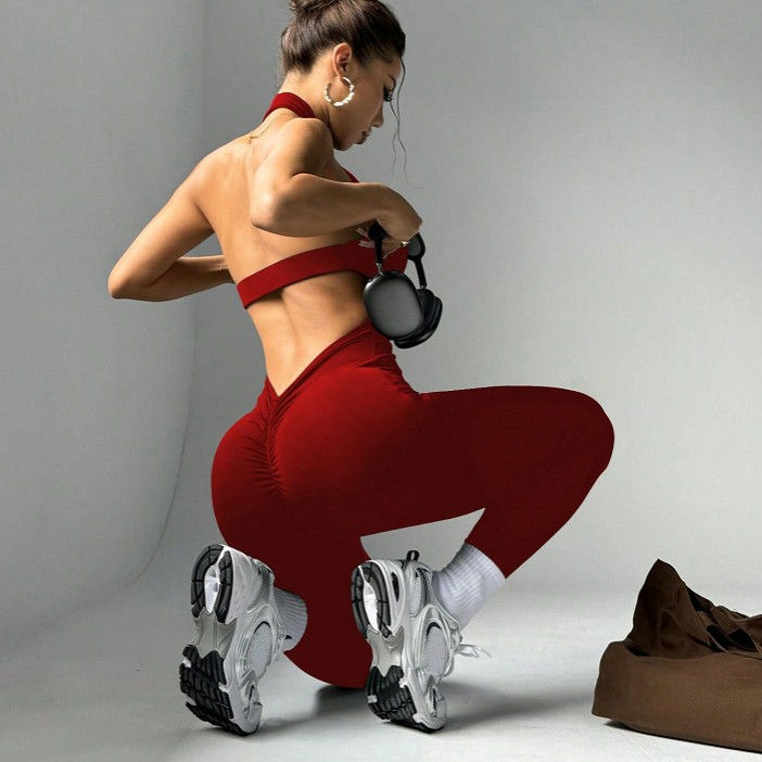 European and American All-In-One Quick-Drying Jumpsuit Yoga Wear Tight-Fitting Aerial Halterneck Beautiful Back Sexy Sports Fitness Women's High Elasticity