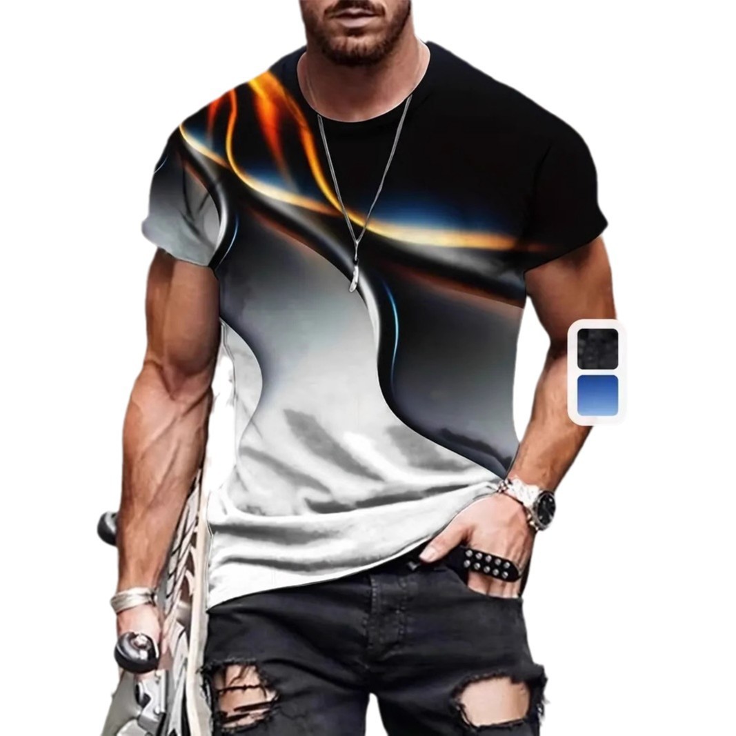 Camiseta de cuello redondo suelta y transpirable de manga corta de la calle para hombre Spot moda metal colorido halo impresión 3D