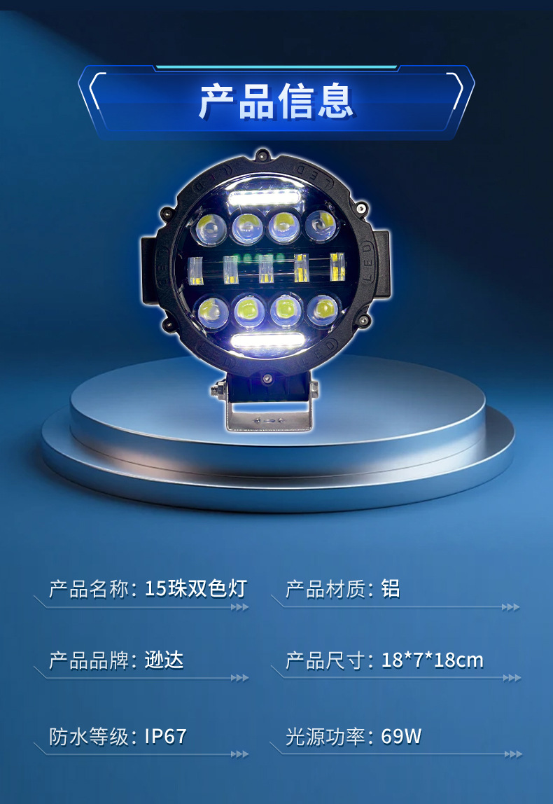Round 15-LED Dual Color Car Light, Work Light, Daytime Running Light