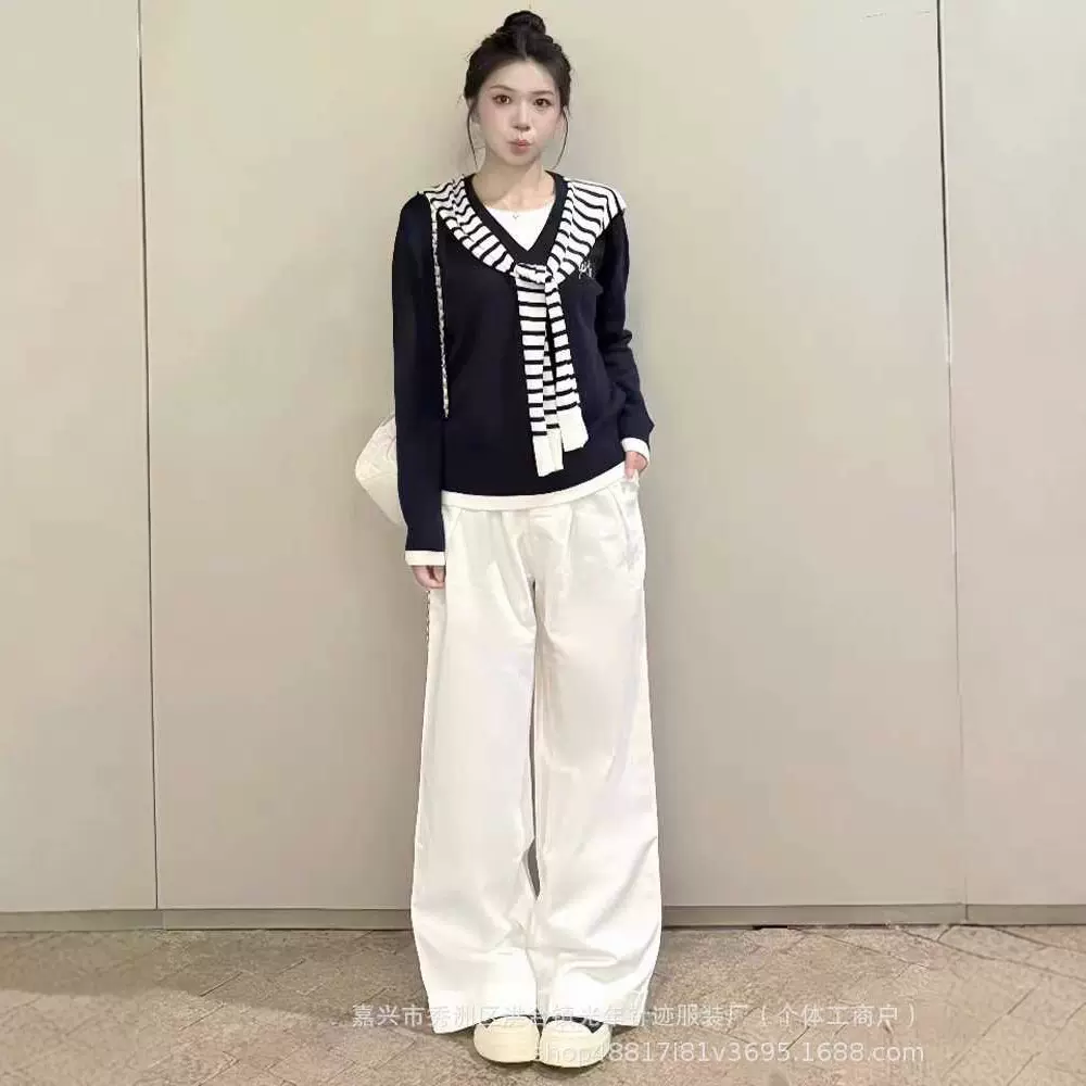 韩系氛围感条纹披肩海军领长袖打底衫女秋季小个子慵懒风针织上衣