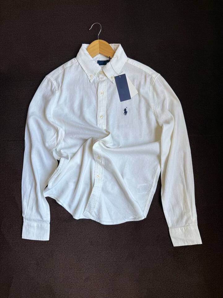 Áo sơ mi nữ tay dài cổ ve thêu hình ngựa nhỏ chất liệu lanh phối cotton dáng suông — Nâng cấp trắng tinh khiết
