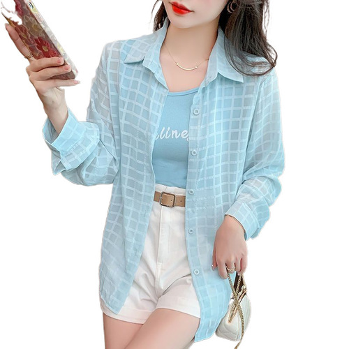 Women's Summer 2025 Loose Thin Breathable Casual Long-Sleeve Checkered Medium-Length Open Cardigan for Outerwear