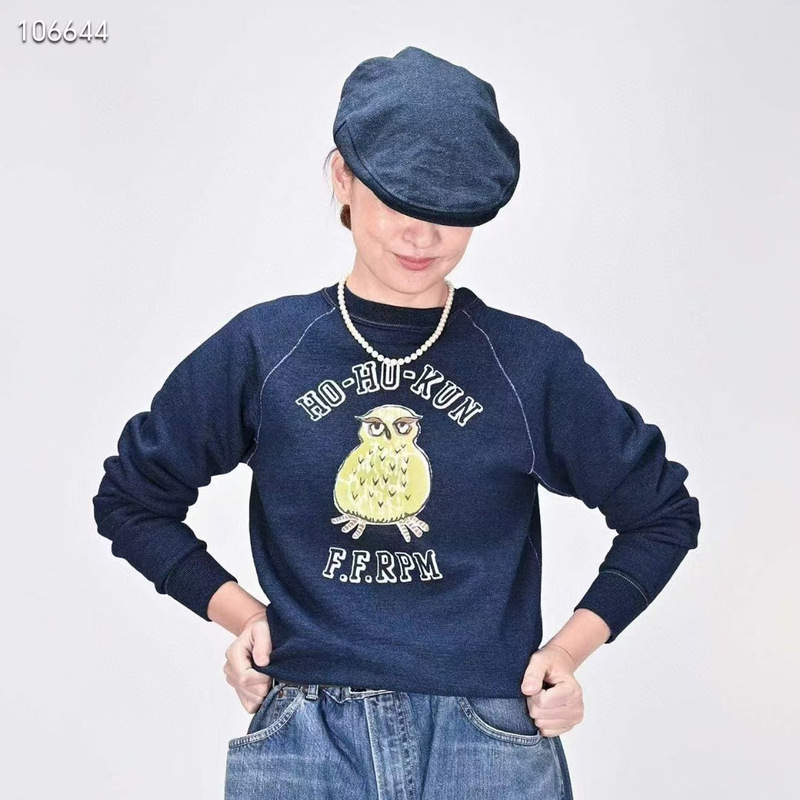Japanese Autumn and Winter New Owl Letter Printed Loose Casual Loose Loose Cotton Pullover Round Neck Sweat for Men and Women