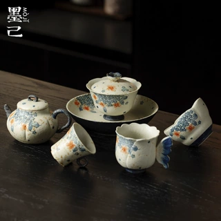 墨己束刻青花火石红斑花茶具合集功夫茶具家用手绘茶壶盖碗茶杯