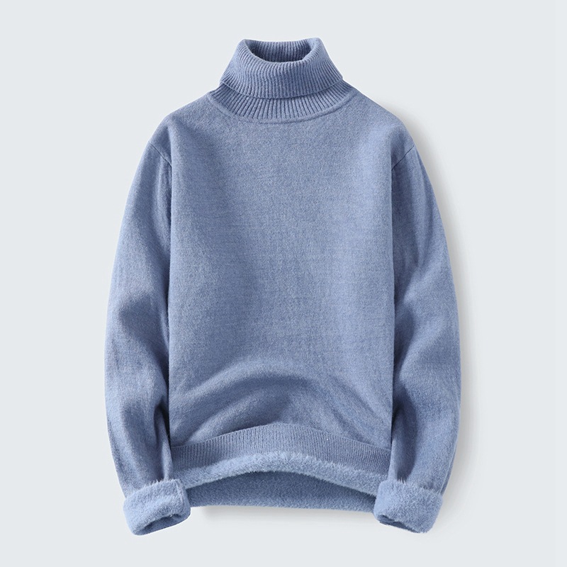 Knitted Sweater Men's 2021 Autumn and Winter Turtleneck Pullover Warm Fleece-Lined Solid Color Men's Sweater Knitted Sweater