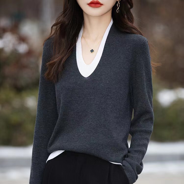哥家商场同款女装2025秋季内搭显瘦假两件设计感撞色针织打底衫|undefined