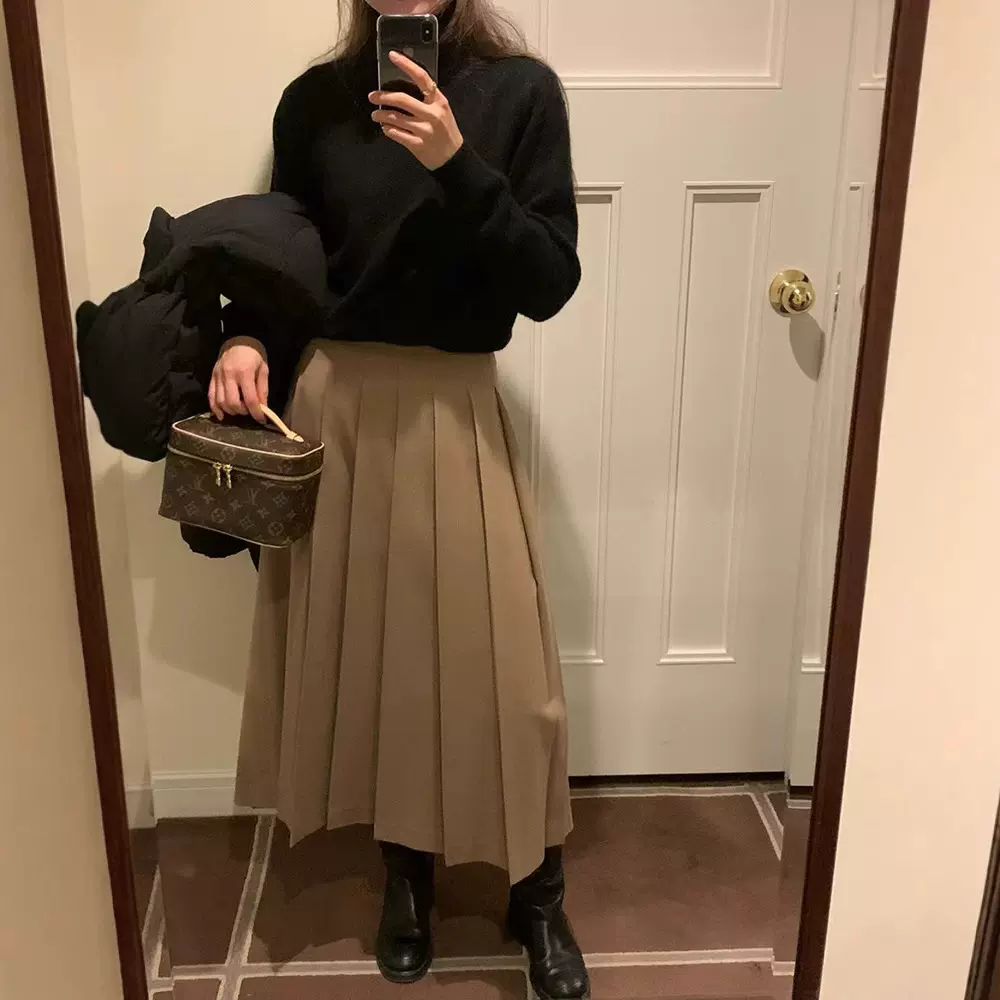 现货 纯色百褶半身裙女2025春季新款复古高腰百搭显瘦长裙oun*e