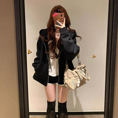 美式复古黑色连帽卫衣外套女春秋2025新款韩系慵懒风宽松拉链上衣