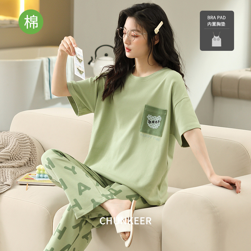 Women's Summer Cotton Pajamas with Breast Pads, Loose Casual Short-Sleeved Pants, Women's Suits, Home Wear, Cotton Summer Outerwear