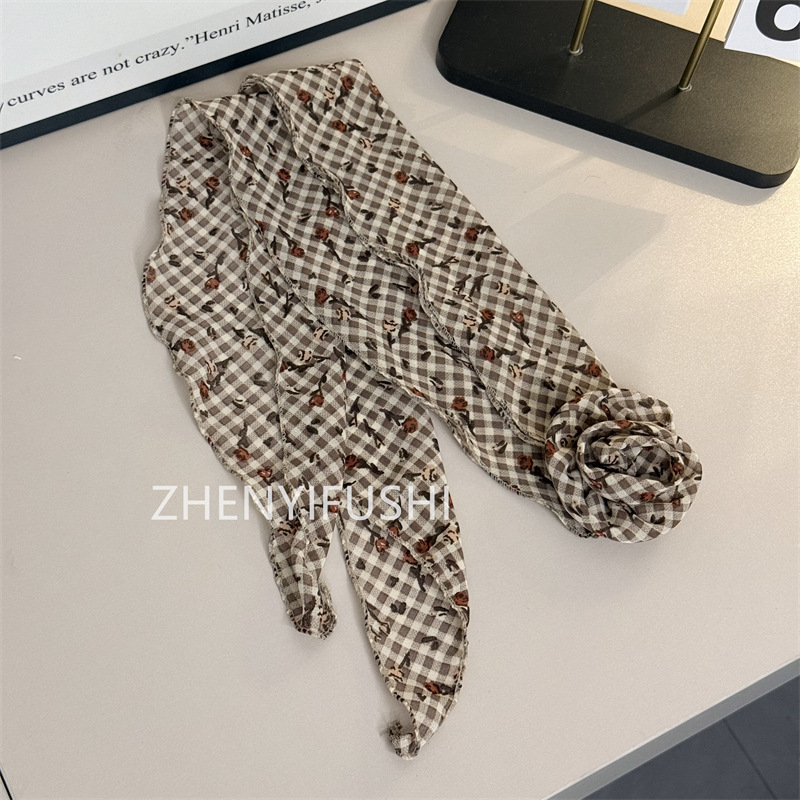 스카프 + 플라워 [카키 체크 장미]