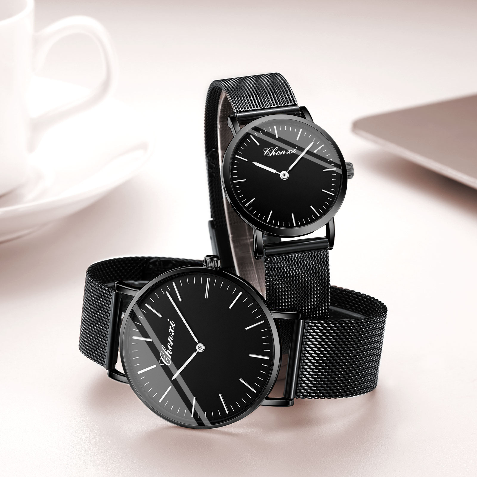 晨曦品牌手表男女轻薄不锈钢网带防水手表跨境直播批发石英情侣表