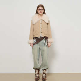 bi备天丝羊毛大翻领毛毛内里加厚小香风短款外套女式夹克韩版百搭