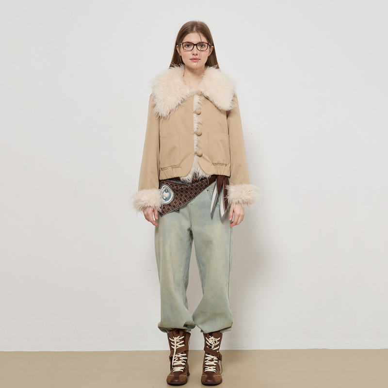 Tencel Wool Large Lapel Fur Lining Thickened Chanel-Style Short Jacket Women's Korean Versatile Jacket