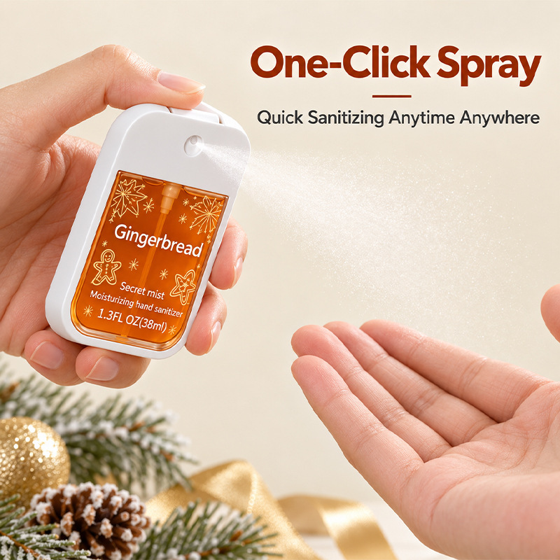 Christmas gift, popular hand sanitizer that doesn’t require rinsing, dries quickly, doesn’t leave a sticky residue, is portable, and has antibacterial and germ-killing properties; available in a card-sized spray bottle from the factory