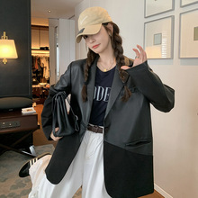 黑色pu皮拼接西服外套女2024年春秋新款宽松休闲宽松西装款皮衣
