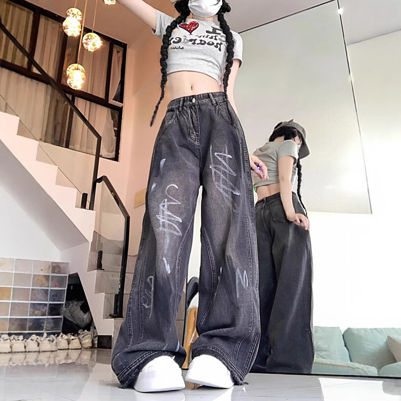 American Retro Punk High Street Heavy Industry hiphop Graffiti Jeans Women's Autumn High Waist Loose Straight Leg Wide Leg Pants American Retro Punk High Street Heavy Industry hiphop Graffiti Jeans Women's Autumn High Waist Loose Straight Leg Wide Leg Pants