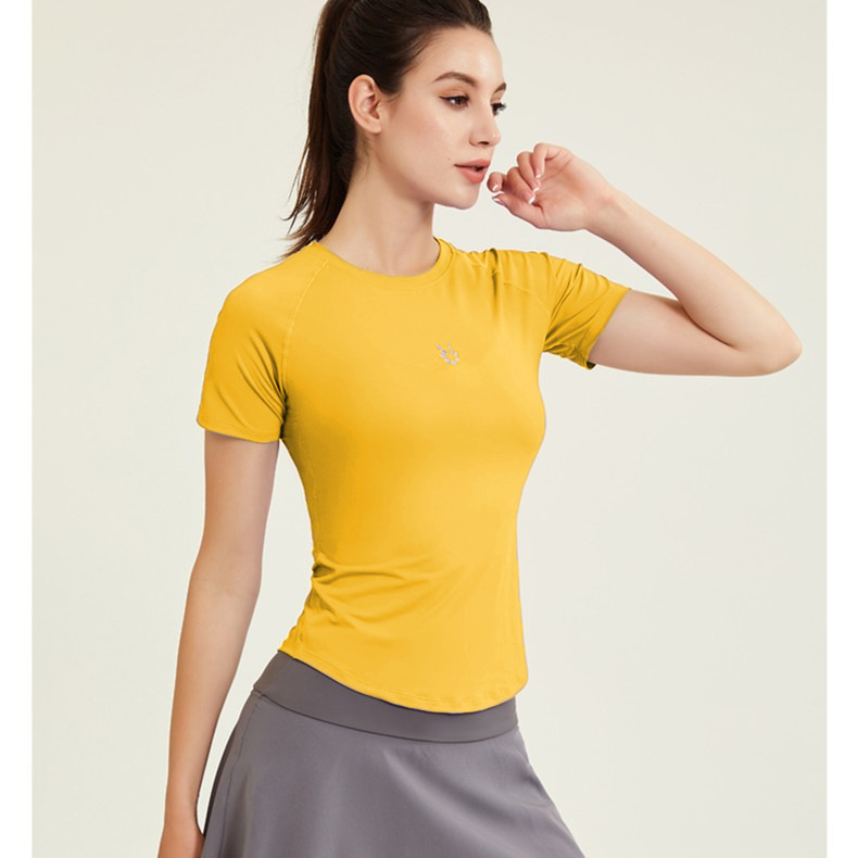 Ropa de ejercicios desnuda para mujeres delgada helada de cuello redondo con mangas de hombro para correr camiseta deportiva delgada ropa de yoga roja en línea