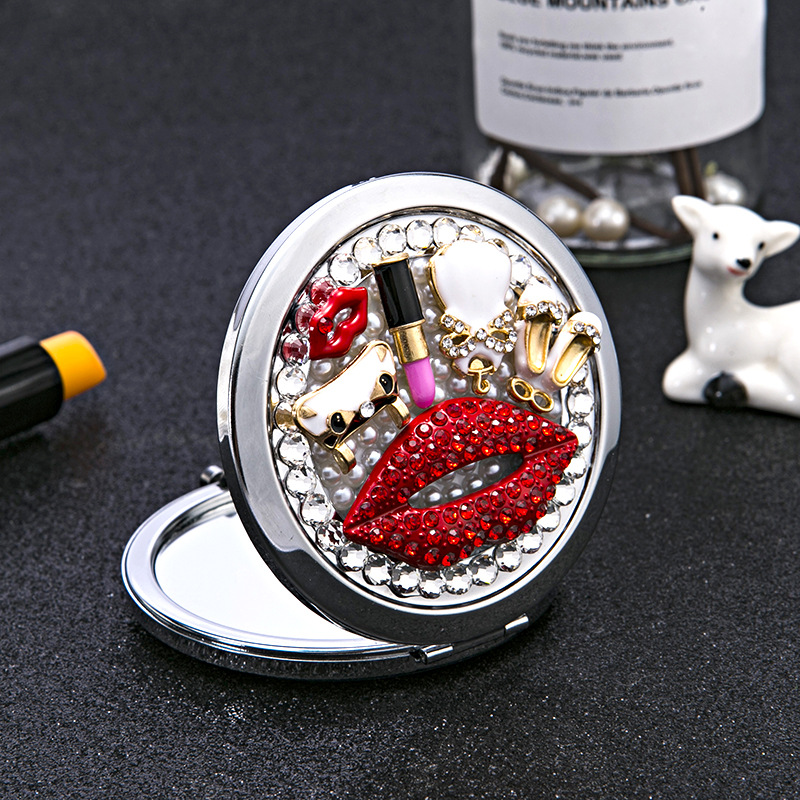Metal Material Cartoon Pattern Fashion Style Red Lip Lipstick Bag Double-sided Portable Cosmetic Mirror