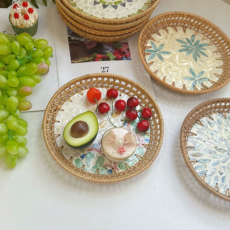 越南藤編筐北歐輕奢風藤編貝殼雙耳收納托盤創意橢圓形水果籃家用