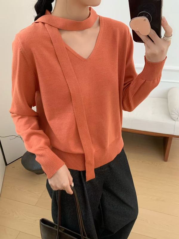 韩系设计感优雅飘带V领修身长袖针织衫女秋冬显瘦毛衣打底衫上衣|undefined